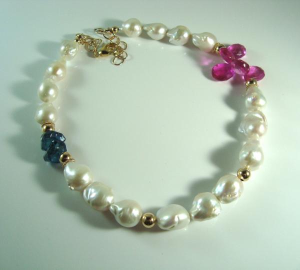 Freshwater Pearl, London Blue Topaz, Gold and Fuschia Quartz Necklace picture