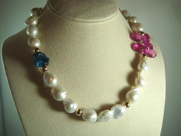 Freshwater Pearl, London Blue Topaz, Gold and Fuschia Quartz Necklace picture