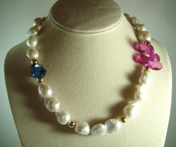 Freshwater Pearl, London Blue Topaz, Gold and Fuschia Quartz Necklace picture