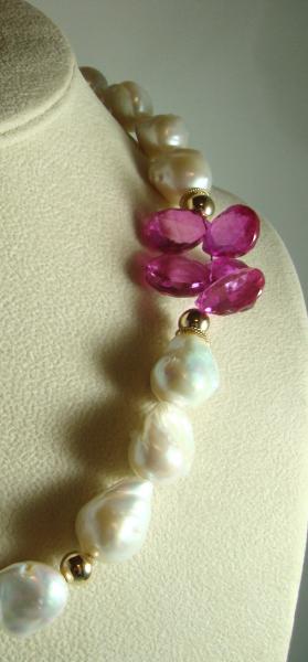 Freshwater Pearl, London Blue Topaz, Gold and Fuschia Quartz Necklace picture