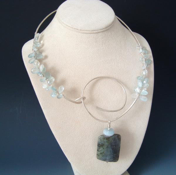 Sterling Silver Wire Collar with Wire Wrapped Aquamarines and Labradorite Pendant picture