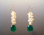 Green Onyx, Gold and Freshwater Pearl, Long, Dangle Earrings