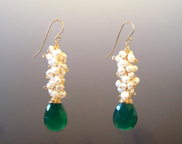 Green Onyx, Gold and Freshwater Pearl, Long, Dangle Earrings picture