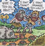 Inosuke and Zenitsu from Demon Slayer at a Luau in Hawaii