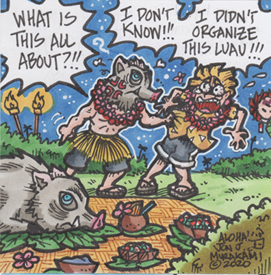 Inosuke and Zenitsu from Demon Slayer at a Luau in Hawaii