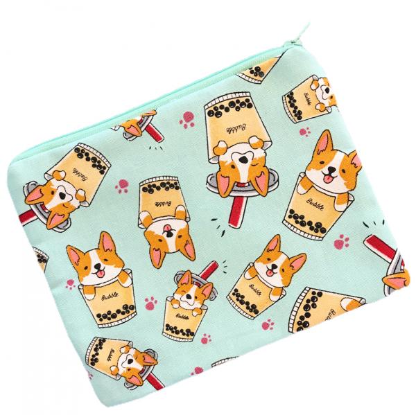 Corgi Boba Bubble Tea Zippered Pouch Bag in Mint Green