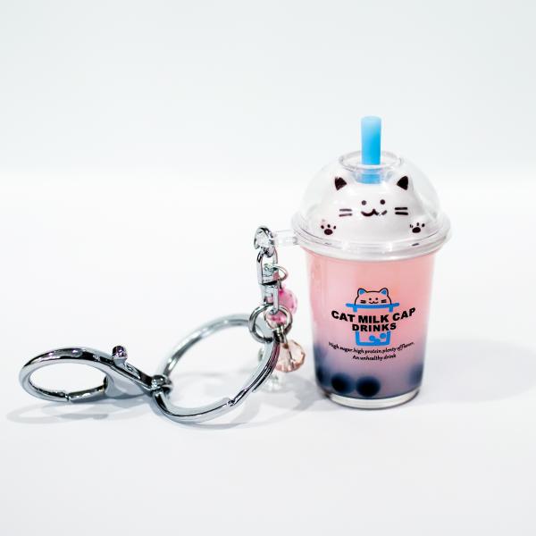 PINK Cat Boba Bubble Tea Keychain filled with REAL LIQUID
