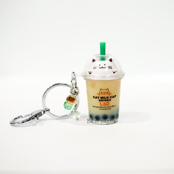 BROWN Cat Boba Bubble Tea Keychain filled w/ REAL LIQUID picture