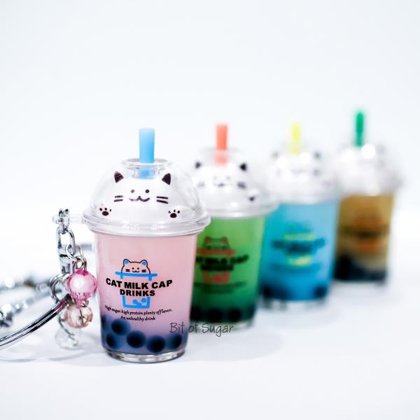 GREEN Cat Boba Bubble Tea Keychain filled with REAL LIQUID picture