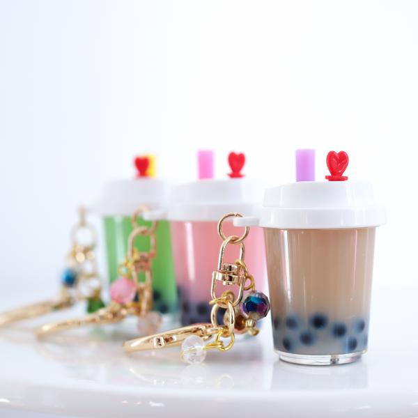 BROWN Boba Bubble Tea Keychain with White Lid Filled with REAL LIQUID picture