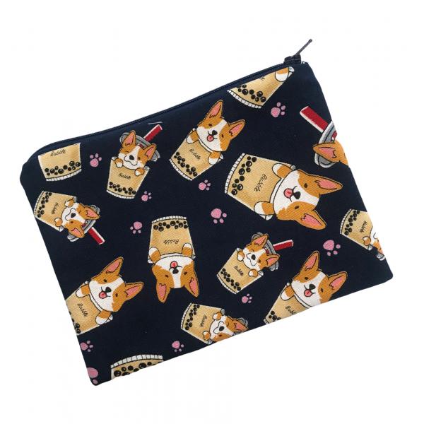 Corgi Boba Bubble Tea Zippered Pouch Bag in Navy picture