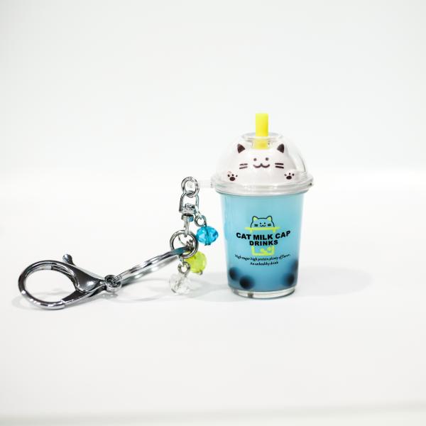 BLUE Cat Boba Bubble Tea Keychain w/ REAL LIQUID