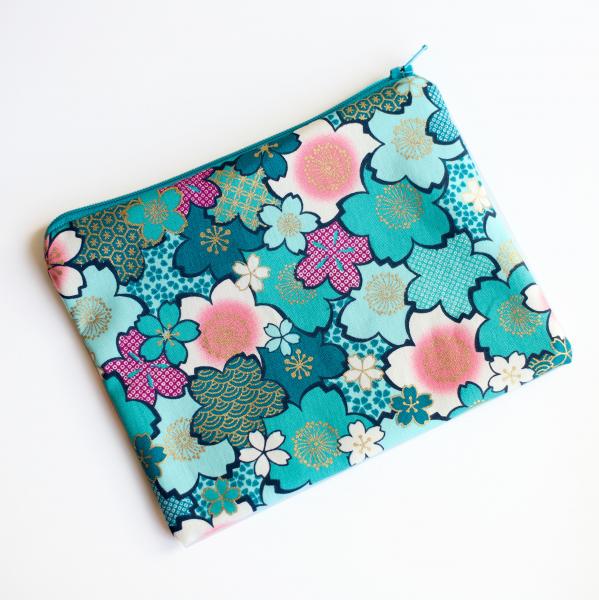 Turquoise Sakura Cherry Blossom Zippered Pouch Bag