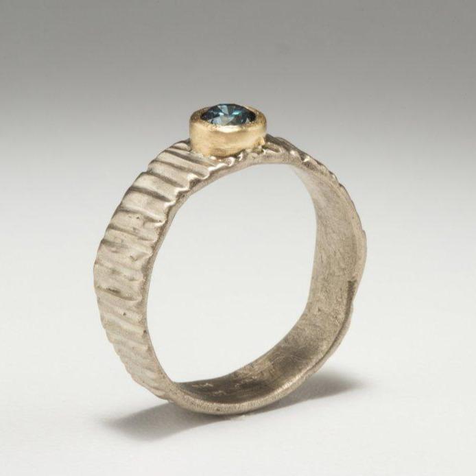Textured Bark: Blue Diamond and Palladium White Gold Ring picture