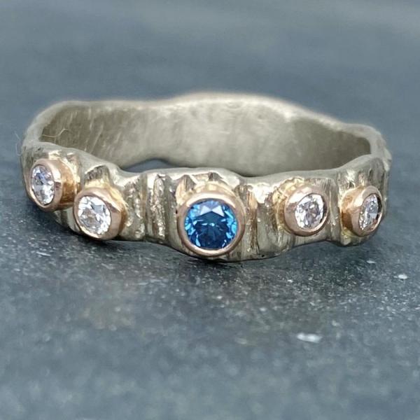 Textured Bark: Blue and White Diamonds/Palladium White Gold Ring picture