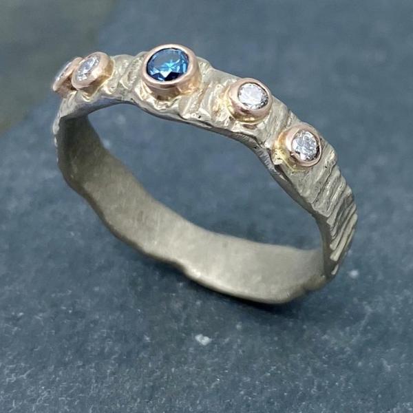 Textured Bark: Blue and White Diamonds/Palladium White Gold Ring picture