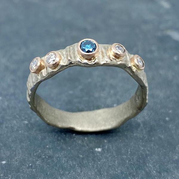 Textured Bark: Blue and White Diamonds/Palladium White Gold Ring picture