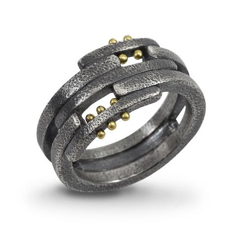 Pavement Layers: Sterling Silver and Yellow Gold Rivets Ring