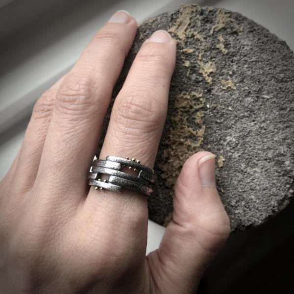 Pavement Layers: Sterling Silver and Yellow Gold Rivets Ring picture