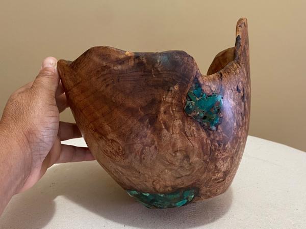 Natural edge Maple burl bowl with Turquoise and Copper inlay #16 picture