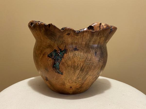 Natural edge Maple burl bowl with Turquoise and Copper inlay #22 picture