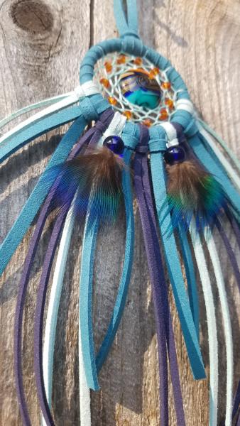 teal + blue + orange + peacock feathers small dream catcher (sku437) picture