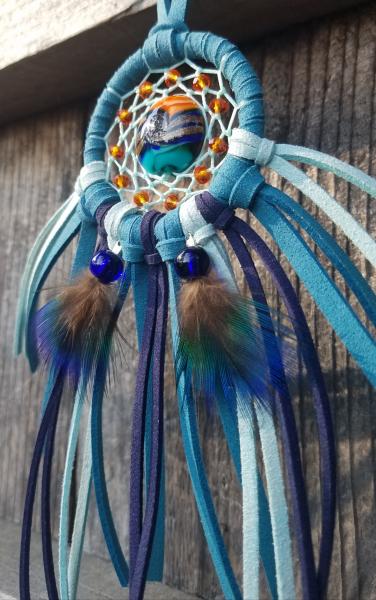 teal + blue + orange + peacock feathers small dream catcher (sku437) picture