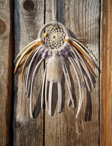 purple + cream + tan + gray + Picture Jasper "shortie" dream catcher (sku498)