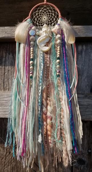 coral + teal + Mermaid dream catcher with crystals (sku507)