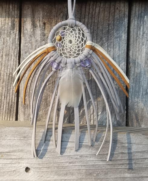 purple + cream + tan + gray + Picture Jasper "shortie" dream catcher (sku498) picture