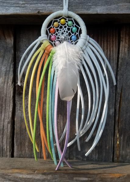 rainbow + white small dream catcher with crystals (sku504) picture