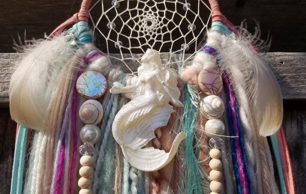 coral + teal + Mermaid dream catcher with crystals (sku507) picture