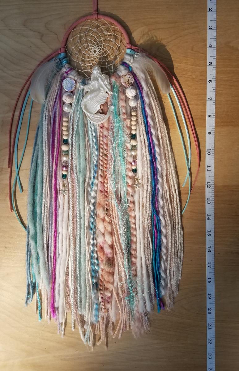 coral + teal + Mermaid dream catcher with crystals (sku507) picture
