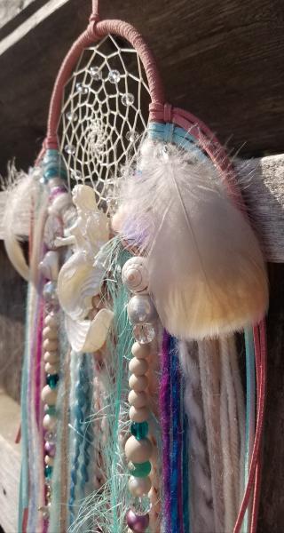 coral + teal + Mermaid dream catcher with crystals (sku507) picture