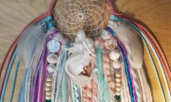 coral + teal + Mermaid dream catcher with crystals (sku507) picture