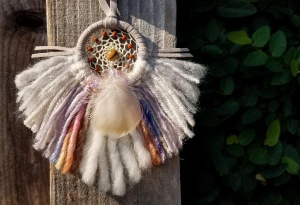 gray + tan + purple + blue Picture Jasper small "shortie" dream catcher (sku530) picture