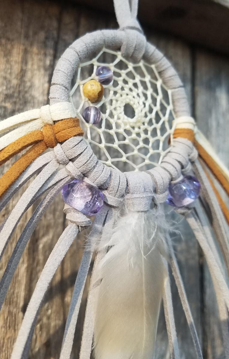purple + cream + tan + gray + Picture Jasper "shortie" dream catcher (sku498) picture