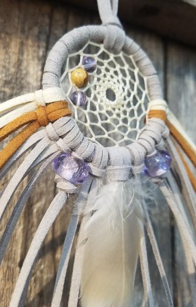 purple + cream + tan + gray + Picture Jasper "shortie" dream catcher (sku498) picture