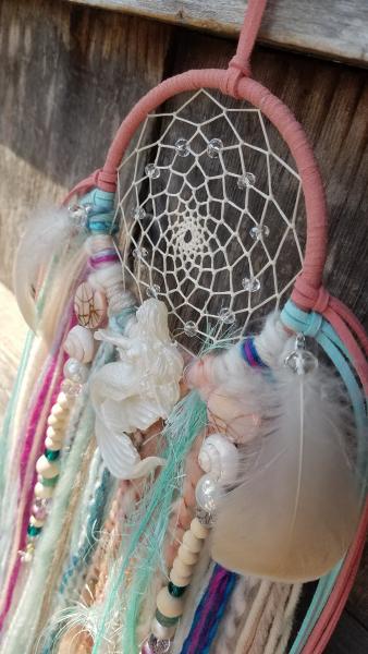 coral + teal + Mermaid dream catcher with crystals (sku507) picture