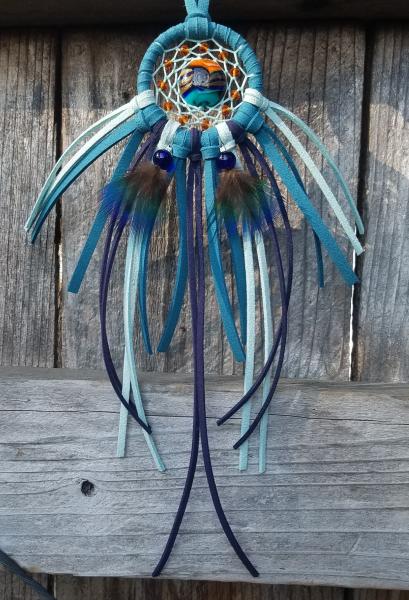 teal + blue + orange + peacock feathers small dream catcher (sku437)