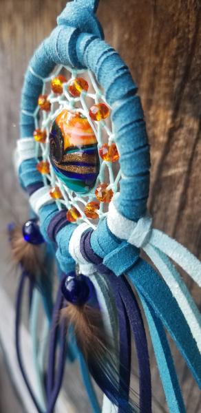 teal + blue + orange + peacock feathers small dream catcher (sku437) picture