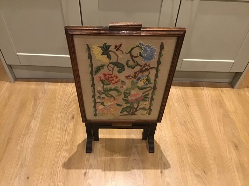 Vintage 1920&rsquo;s oak tapestry fire screen/side table picture