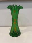 Vintage Bohemian Hand-Painted Emerald Green Glass Ruffled Vase | Gold Floral Enamel | Circa 1930s