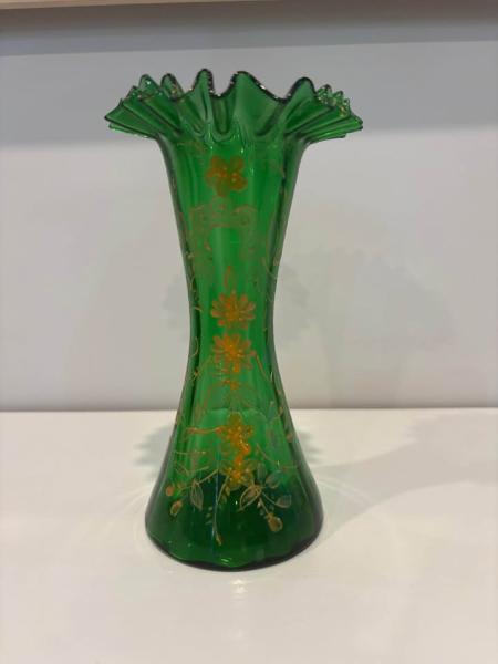 Vintage Bohemian Hand-Painted Emerald Green Glass Ruffled Vase | Gold Floral Enamel | Circa 1930s