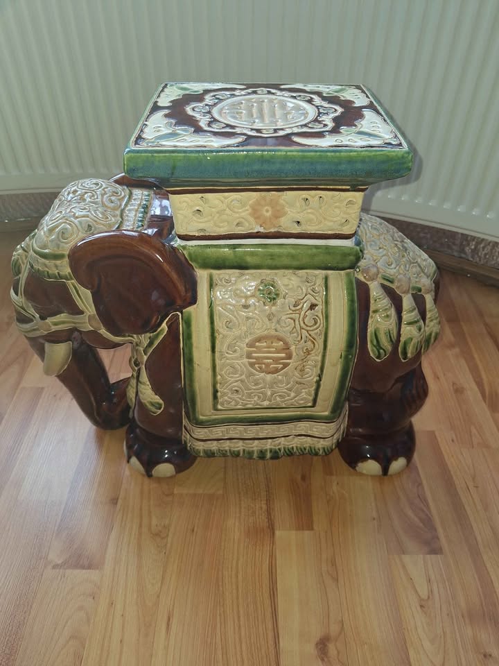 Vintage Hollywood Regency Elephant Garden Seat, Plant Stand & Side Table picture