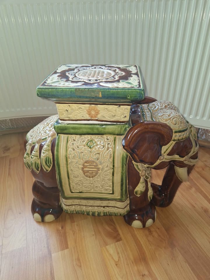 Vintage Hollywood Regency Elephant Garden Seat, Plant Stand & Side Table picture