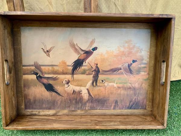 Vintage Hunting Scene Serving Tray with Folding Stand