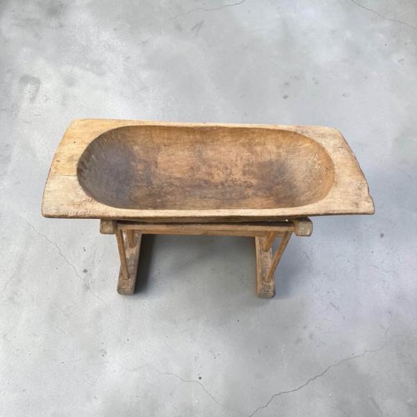 19th Century Antique Hand-Carved Elm Dough Bowl On Stand