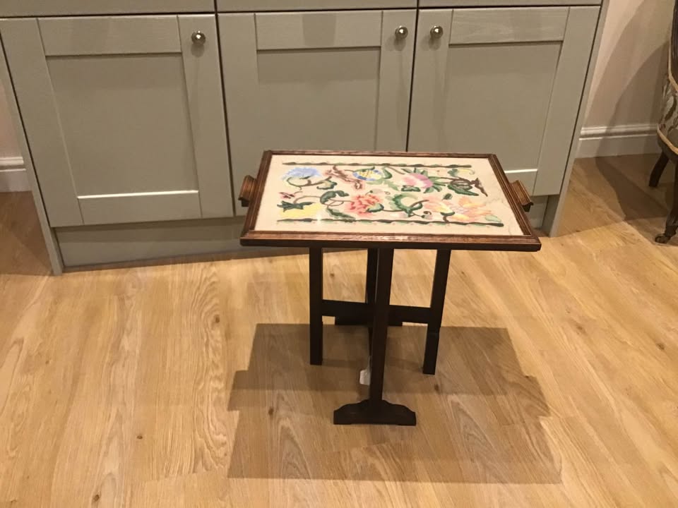 Vintage 1920&rsquo;s oak tapestry fire screen/side table picture