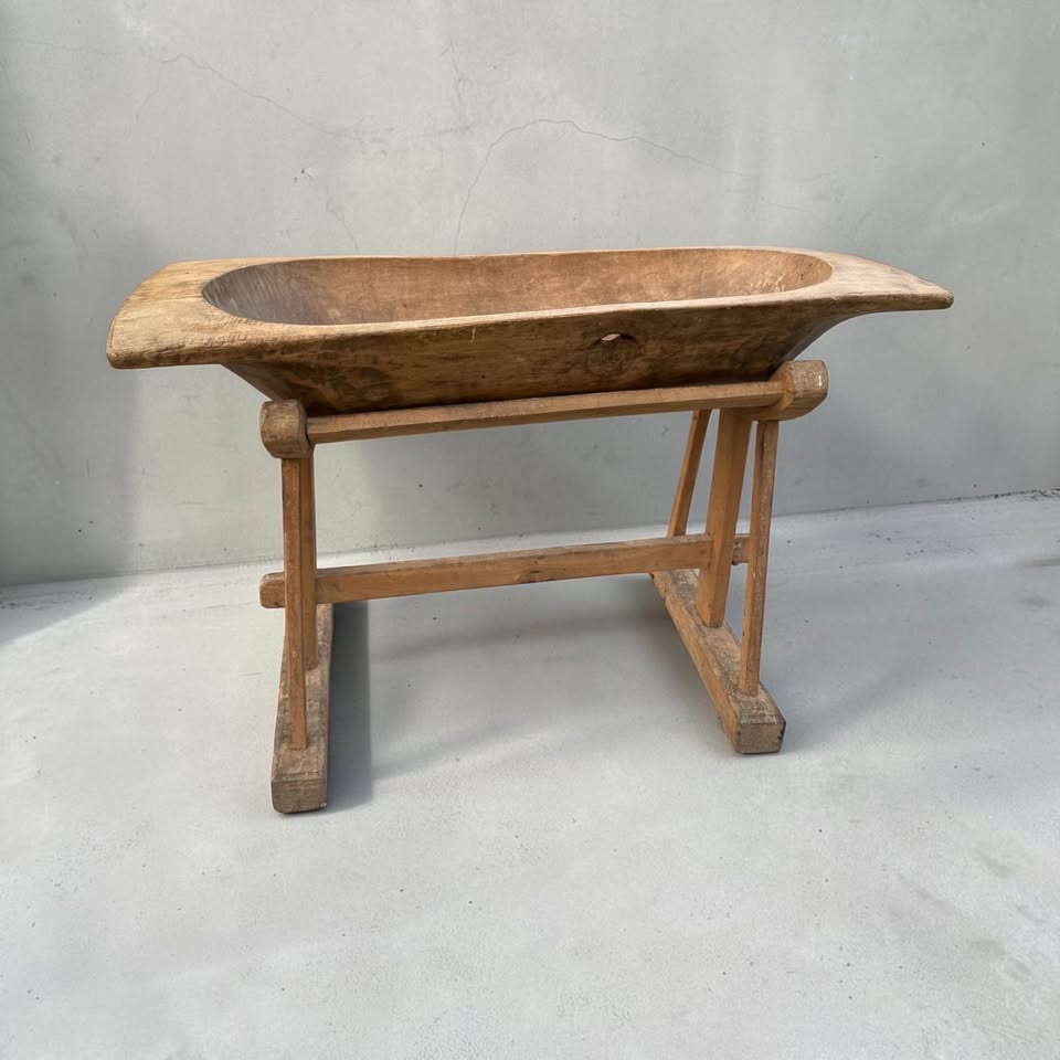 19th Century Antique Hand-Carved Elm Dough Bowl On Stand picture